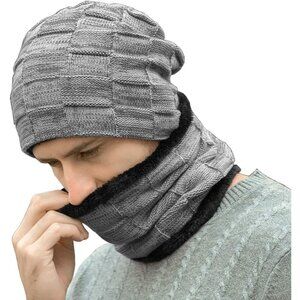 Men's Grey Winter Warm Knit Skull Cap Neck Warmer Fleece Lined Hats Scarf Set